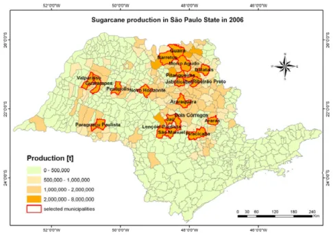 Figure 1 – Distribution of sugarcane production in São Paulo State in 2006 and selected municipalities