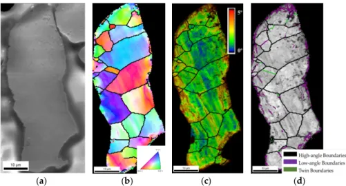Figure 2. As-received Ni particle: (a) SEM image, (b) inverse pole figure (IPF), (c) Kernel  misorientation map (KAM) superimposed image quality (IQ) map, (d) grain size map with  high-angle, low-angle and twin boundaries
