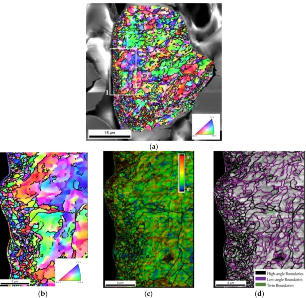 Figure 4. (a) SEM image with superimposed IPF map. (b), (c) and (d) IPF map, KAM superimposed  on IQ map and grain size map of Region 1 marked in (a), respectively