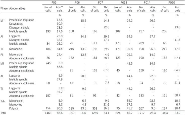 Table 1 – Meiotic abnormalities and percentage of abnormal cells in apomictic progeny of Brachiaria hybrids.