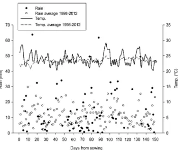 Figure 1 − Daily average temperature and daily rainfall during the  experiment and their averages between 1998-2012.