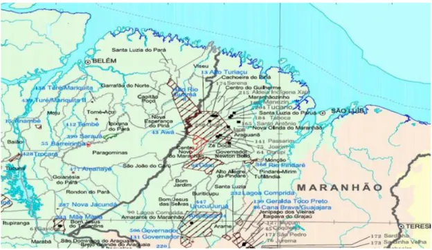 Mapa 2 – TIARG, evidenciando o rio Gurupi, entre os Estados do Pará e do Maranhão 