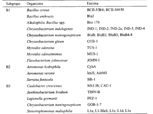 Tabela 1.1: Metalo-j3-lactamases cromossómicas (adaptado de Walsh et ai, 2005) 