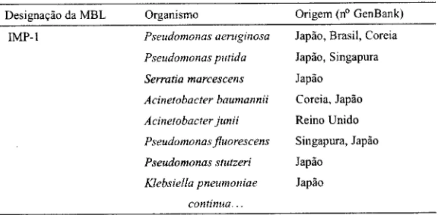 Tabela 1.2: Metalo-P-lactamases do tipo IMP (adaptado de Walsh et ai,  2005) 