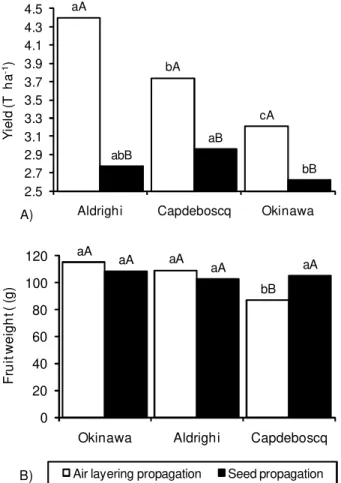 Figure 1 – Yield and fruit weight of the peach cv. Granada grafted on different rootstocks and using two propagation methods