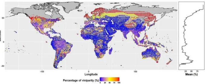 Fig. 1.2 Percentage of viviparous reptile species across the world. The proportion of viviparous species increases with increasing  latitudes (red), which correspond to colder regions