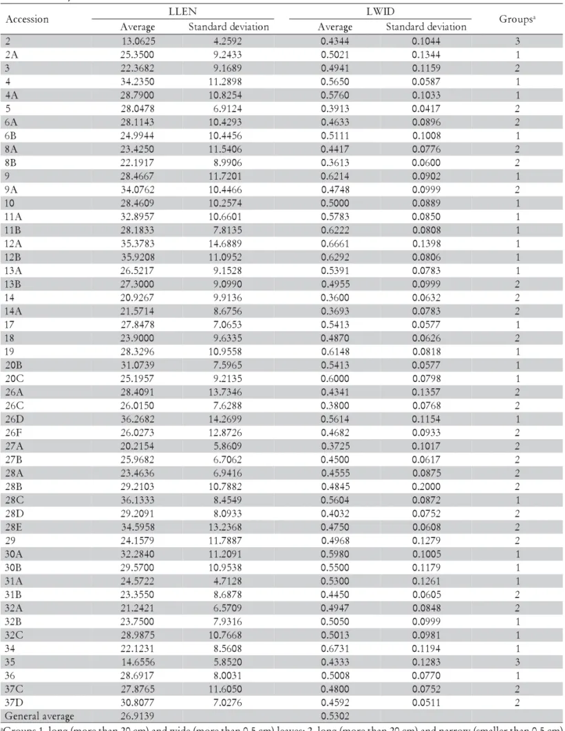 Table 5 - Descriptive statistics for the qualitative characteristics LLEN- leaf length (cm) and LWID- leaf width (cm) analyzed in P