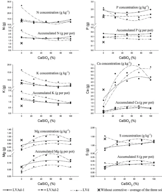 Figure 2 – Concentration and accumulation of macronutrients for palisade grass shoots cultivated on LVAd-1, LVAd-2 and LVd soils, as a function of substitute proportions of the calcium carbonate by calcium silicate.