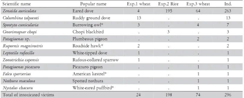 Table 1 - Quantitative list of 11 species of birds intoxicated by pesticides in the wheat and rice planting experiments 1, 2 and 3.