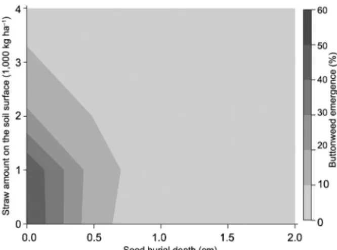 Figure 2 − Variation in buttonweed fresh biomass (g) in response to  variation in buttonweed seed burial depth (cm) and straw amount  on the soil surface (1,000 kg ha −1 ).