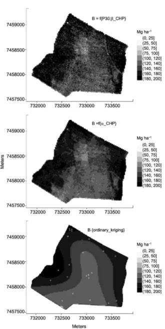 Figure 7 – Eucalypt stem biomass prediction maps. In the upper and  middle layer are linear regression models 1 and 2, from Table 3