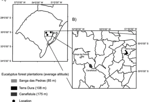 Figure 1 − Location of: A) state of Rio Grande do Sul; and B) the Eucalyptus plantations areas sampled.