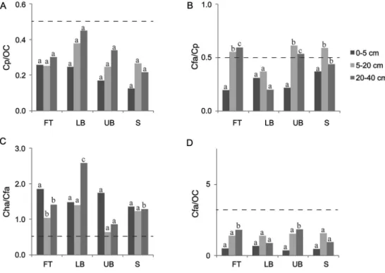 Figure 3 − Ratios among carbon extracted by pyrophosphate (Cp), carbon in humic acid (Cha), carbon in fulvic acid (Cfa) and organic carbon  (OC) influenced by landscape position and soil depth in Terra Dura Eucalyptus stand