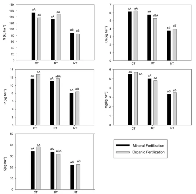 Figure 7 – Amount of nutrients exported by soybean (2007/2008) in a soil under different tillage and fertilization systems