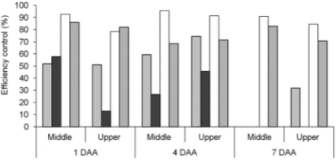 Figure 3 − Efficiency (%) after the first application on T. urticae of  chlorfenapyr - Experiment B, with different application technologies  in the upper and middle thirds of the chrysanthemum plants