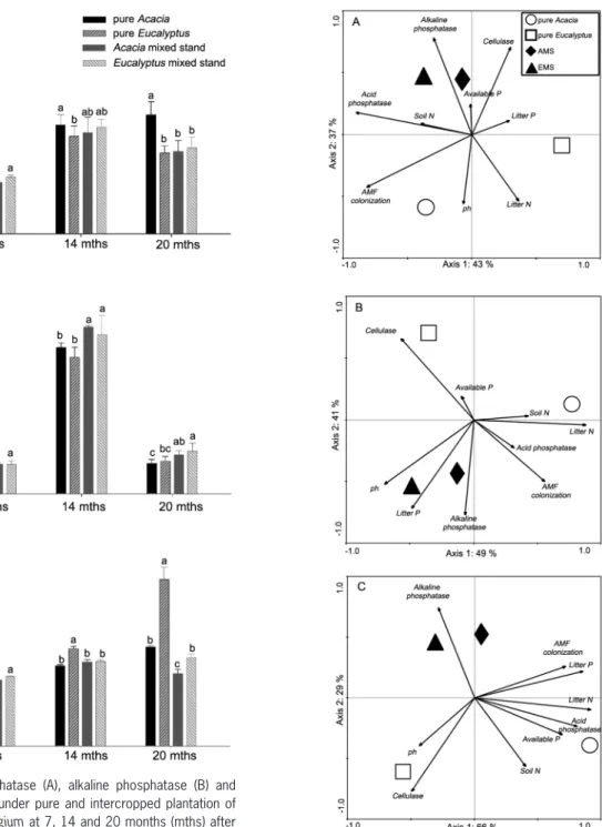 Figure 3 – Principal Components Analysis (PCA) of the environmental  and biological variables at 7 months (A), 14 months (B), 20 months  (C)