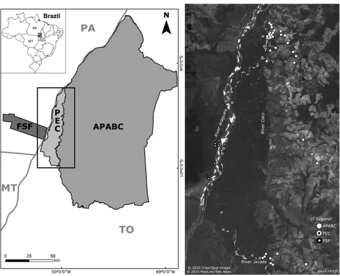 Figure  4.1  –  Map  of  the  study  area  (right);  its  location  within  Brazil  (top  corner);  and  detail  of  sampling  area  (left),  showing  sampled  locations  (by  any  sampling  methods)  and  major  rivers
