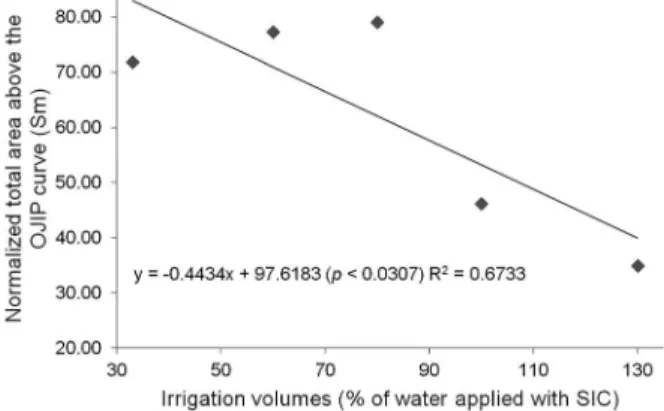 Figure 9 − The effect of different volumes of applied irrigation water  using SIC on normalized total area above the OJIP curve (Sm) on  the 32 th  day after transplanting in the afternoon.