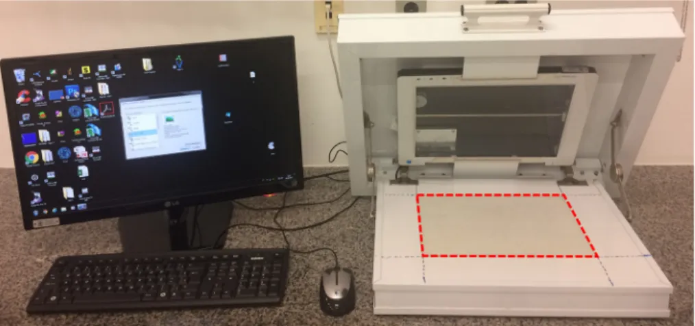 Figure 1 – Overview of the scanner (HP, Scanjet 200) installed in the inverted position inside an aluminum box (60 cm × 50 cm × 12 cm), with  a corresponding usable area of 30 cm × 22 cm (dashed red) connected to the computer 