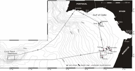 Figure 4 - Carbonate provinces in the Spanish and Moroccan margins in Gulf of  Cadiz, with the location of the different areas sampled during the cruise 64PE284