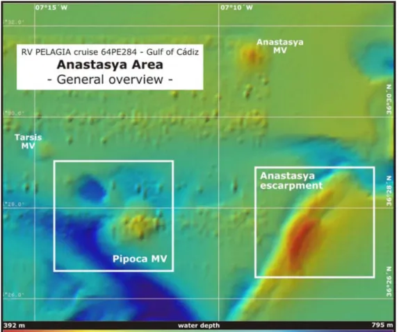 Figure 5 – The study areas Pipoca mud volcano and Anastasya escarpment in the  Spanish margin, Gulf of Cadiz