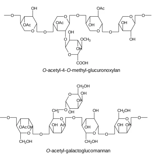 Figure  2.2.  Schematic  representation  of  the  most  abundant  hemiceluloses  in  hardwoods  (O-acetyl-4-O- (O-acetyl-4-O-methyl-glucuronoxylan) and in softwoods (O-acetyl-galactoglucomannan)