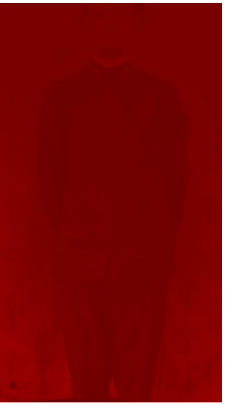 Fig. 37 - “Sem Título (shy man). Série Vermelha (Militares)”, 2000  Fotografia digital (processo Lightjet) em papel Fuji Crystal Archive,  laminada, 180 x 100 cm