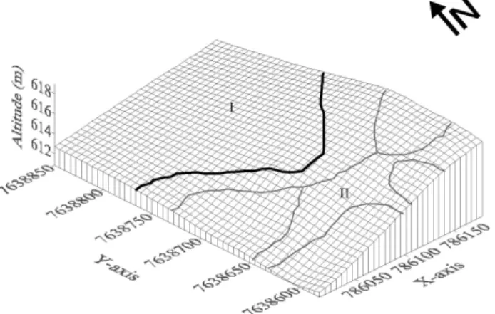 Figure 1 - Study area map. Compartments I (linear) and II (concave-convex) are identified.