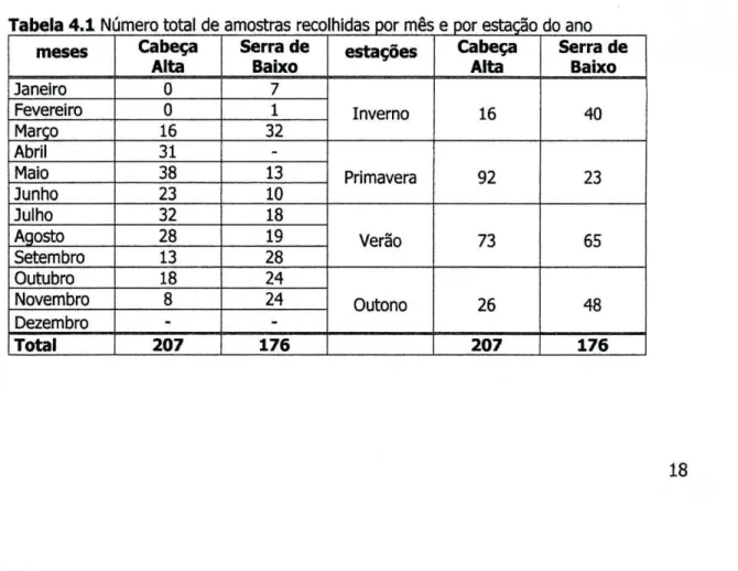 Tabela 4.1 Número total de amostras reco hidas por mês e por estação do ano  meses  Cabeça 