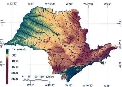 Figure 1 - Hipsometry of the State of São Paulo and location of the 256 meteorological stations used for temperature modelling (black points).
