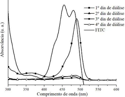 Figura 25 – Espetros óticos do FITC (em etanol) e das águas de diálise ao longo dos  quatro dias