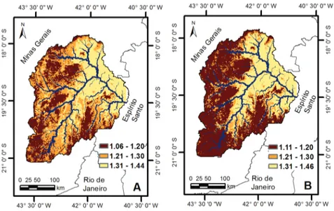 Figure 2 − Bulk density predicted by Random Forest for A and B horizons in the Rio Doce basin, State of Minas Gerais, Brazil.
