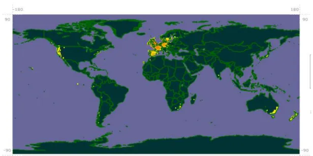Mapa 2 Distribuição Cytisus scoparius no planeta (Autor:discoverlife.org/)