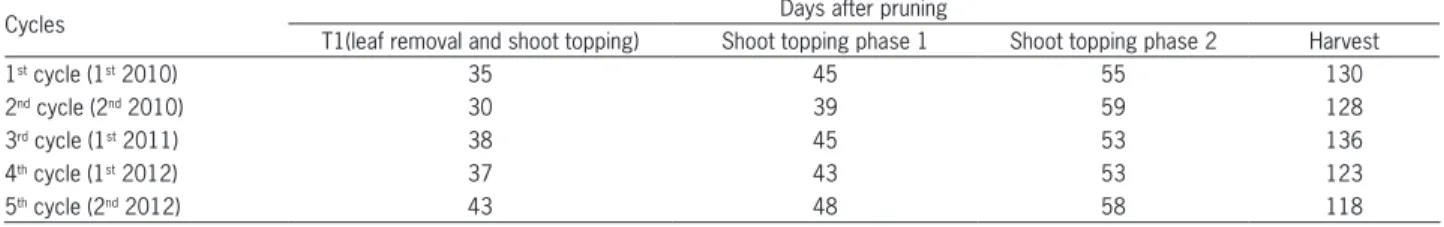 Table 1 − Pruning date, leaf removal, shoot topping, and harvest date in four production cycles of the Syrah grapevine, Casa Nova, BA, Brazil.