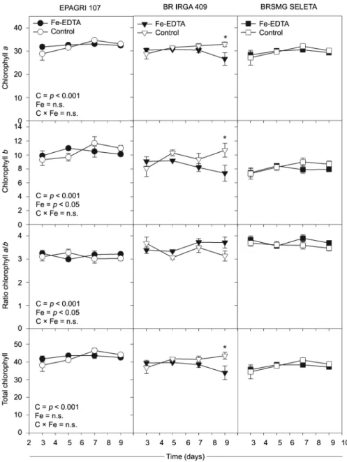 Figure 3 − The index of chlorophyll a, chlorophyll b, ratio chlorophyll a/b and total chlorophyll of three rice cultivars over the time of exposure to  7 mM Fe-EDTA (closed symbols) or control (open symbols) treatments in a nutrient solution