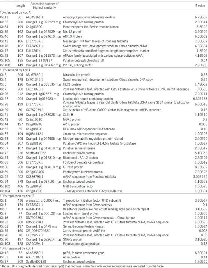 Table 1 – Similarities of sequences of Citrus limon differentially expressed in response to either Xanthomonas citri subsp