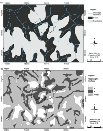 Figure 4 − A) Parent material in the study area; B) Geomorphic  surfaces in the study area.