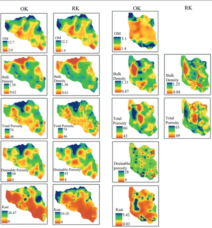 Figure 10 − Ordinary kriging (OK) and regression kriging (RK)  prediction maps of soil physical and chemical properties at the  Marcela Creek Watershed