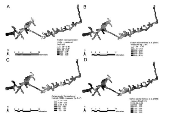 Figure 5 − Spatial variability maps of the SOC stock residual. A) Residual based on the D b  estimated by the PTF generated in this work; B) Residual  based on the D b  estimated using the PTF generated by Benites et al