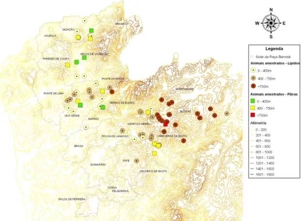 Figura 2:5 Distribuição geográfica (altimetria) dos animais utilizados no estudo da carne Barrosã-DOP  (Programa ArcGIS, 2004) 