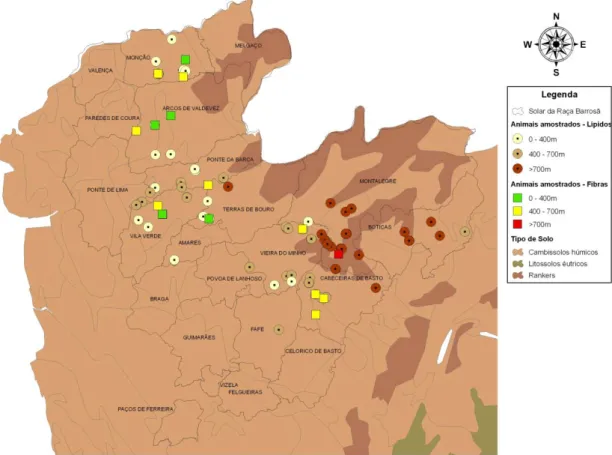 Figura 2:9 Distribuição geográfica (carta de solos) dos animais utilizados no estudo da carne Barrosã-DOP  (Programa ArcGIS, 2004 que utiliza dados do serviço meteorológico nacional, recolhidos entre 1931 e 1960) 