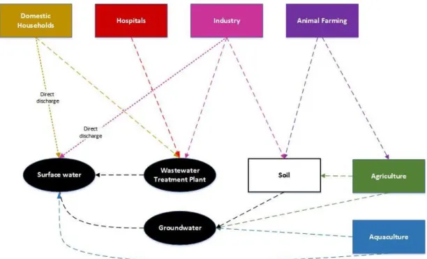 Figure 1: Schematic of sources and fates of PPCP’s in environment (Adapted from: Ellis, 2006; Lapworth  et al., 2012;)