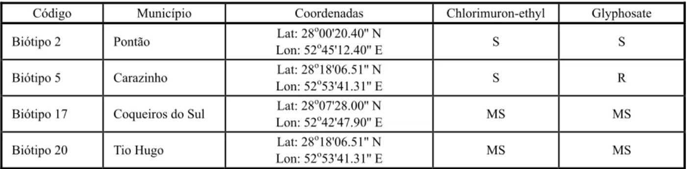 Tabela 1 - Identificação do município e das coordenadas do local de coleta dos biótipos de Conyza sumatrensis e a resposta desses biótipos à aplicação dos herbicidas chlorimuron-ethyl e glyphosate, avaliados no primeiro experimento realizado em 2011