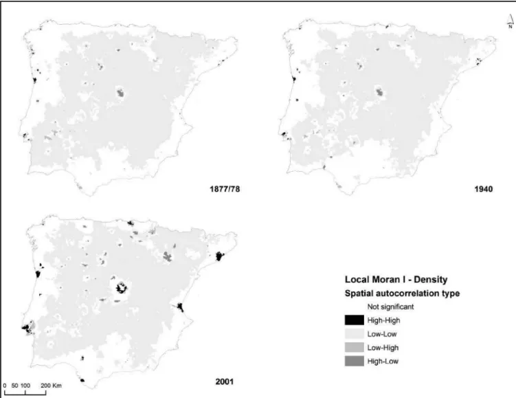 FIGURE 3. Spatial autocorrelation of the population density in 1877/78, 1940, and 2001.