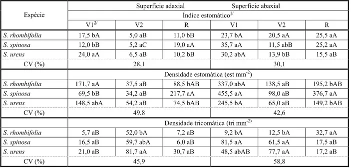 Tabela 2 - Índice estomático, densidade estomática e densidade tricomática das superfícies adaxial e superfície abaxial das três espécies do gênero Sida, mensurados em três estádios fenológicos