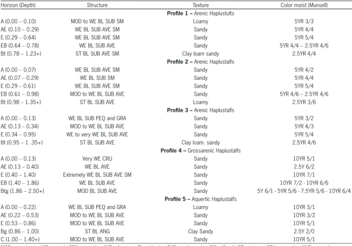 Table 1 – Soil morphological description, for the studied profiles of the Caetetus Ecological Station (Gália, SP, Brazil).