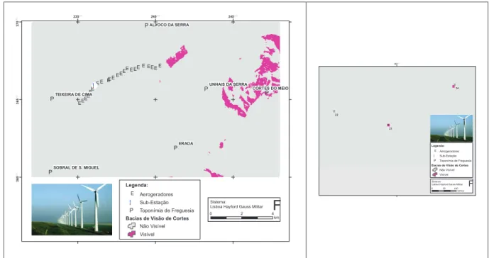 Figura 6 – Mapas de Bacia de visão da localidade de Cortes do Meio e respectiva ampliação sobre  um aerogerador