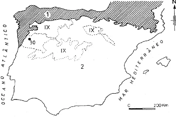 Figura 8: Unidades Biogeográficas: (1) Região Eurosiberiana; (2) Região Mediterrânea; 
