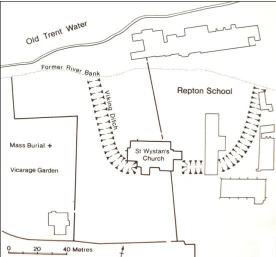 Figura  3:  Esquema  da  base  vikingue  de  Repton,  Inglaterra  (Hall  2010,  14). 