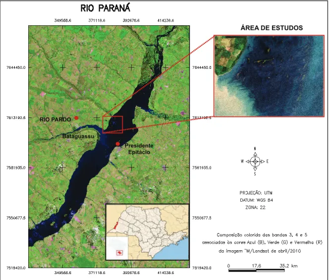 Figura 1 - Localização do reservatório de Porto Primavera no Estado de São Paulo; composição colorida de imagem TM/Landsat, mostrando o reservatório